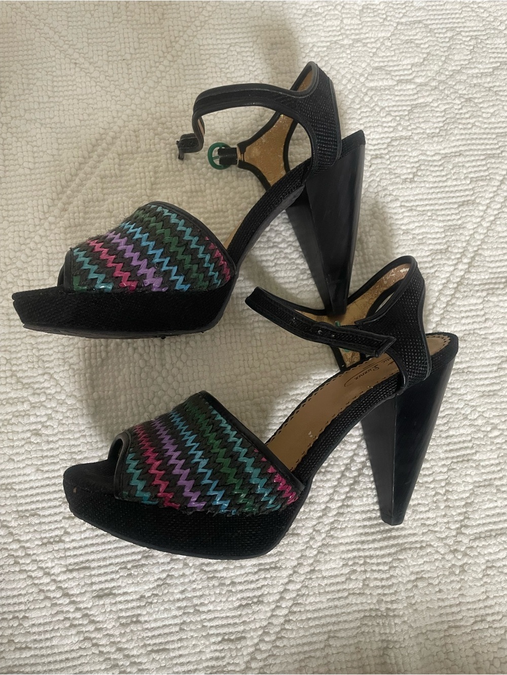 Black Platform Heels with Multicolor Zigzag Strap size 38 1/2 Euro ( 8 US)